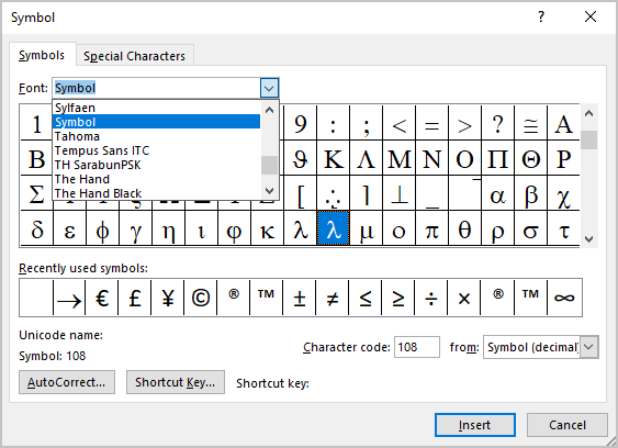 Symbol font in Symbols Word 2016