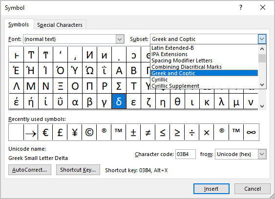 Greek and Coptic in Symbols Word 2016