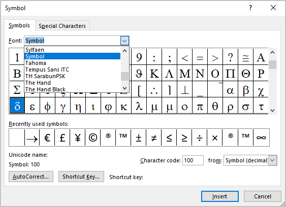 Symbol font in Symbols Word 365