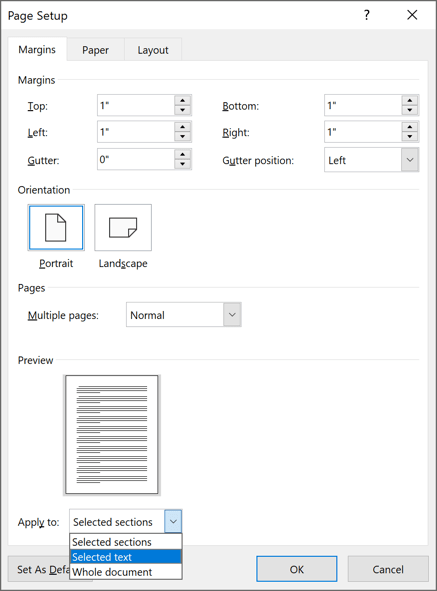 Page Setup in Word 2016