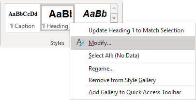 Modify Heading 1 in the Styles Gallery Word 365
