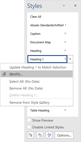 Modify Heading 1 in the Styles pane Word 2016