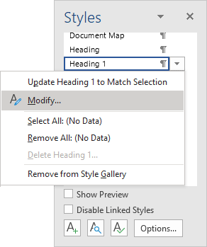 Modify Heading 1 in the Styles pane Word 365