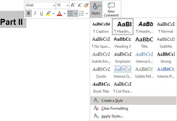 Modify Heading 1 in the Mini Toolbar Word 365