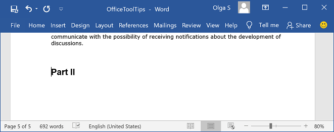 New part of a document in Word 2016 New part of a document in Word 2016