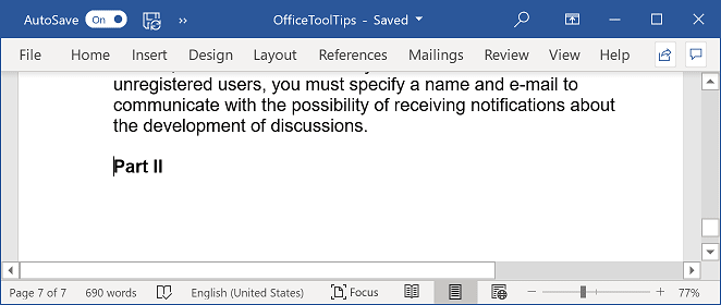 New part of a document in Word 365