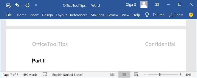 New part of a document on an odd page in Word 2016