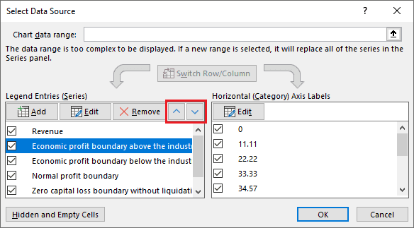 Move Up and Move Down buttons in Select Data Source dialog box Excel 2016