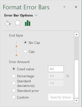 Error Bars Options in Format Error Bars pane Excel 2016