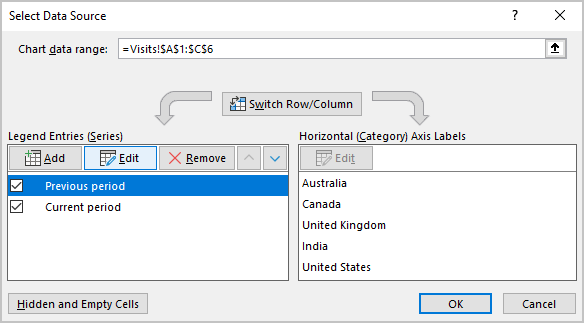 Select Data Source dialog box in Excel for Microsoft 365 Select Data Source dialog box in Excel 365