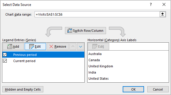 Select Data Source dialog box in Excel 365