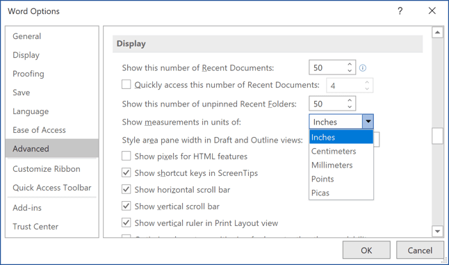 Word 2016 Options dialog box