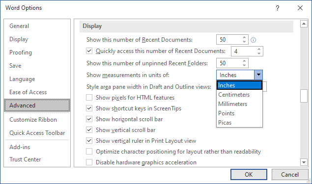 microsoft word default settings centimeters to inches