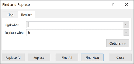 Find and Replace dialog box in Excel 2016