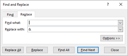 Find and Replace dialog box in Excel 365