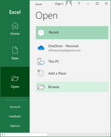 Open pane in Excel 2016