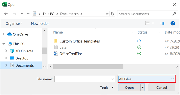 Open dialog box in Excel 2016