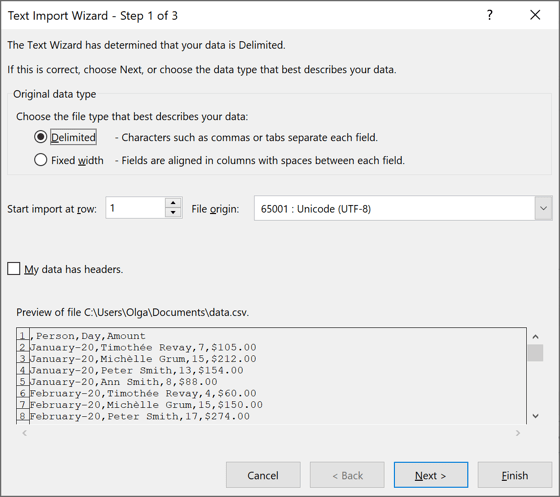 Text Import Wizard – Step 1 of 3 dialog box in Excel 2016