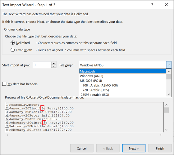 File origin in Text Import Wizard – Step 1 of 3 dialog box Excel 2016