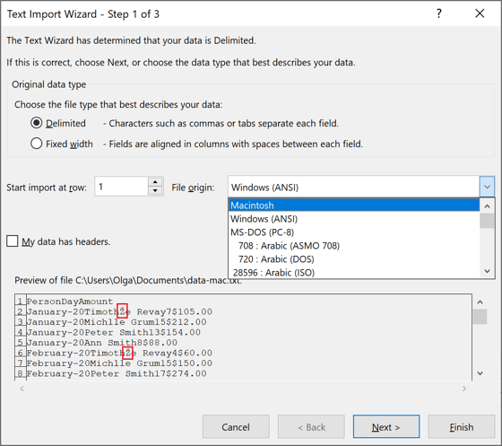 File origin in Text Import Wizard – Step 1 of 3 dialog box Excel 2016 File origin in Text Import Wizard – Step 1 of 3 dialog box Excel 2016