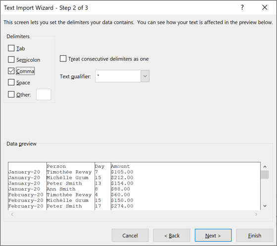 Text Import Wizard – Step 2 of 3 dialog box in Excel 2016