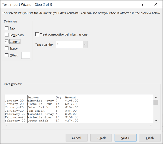 Text Import Wizard – Step 2 of 3 dialog box in Excel 2016 Text Import Wizard – Step 2 of 3 dialog box in Excel 2016