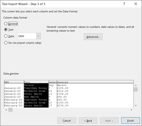 Text Import Wizard – Step 3 of 3 dialog box in Excel 2016 Text Import Wizard – Step 3 of 3 dialog box in Excel 2016