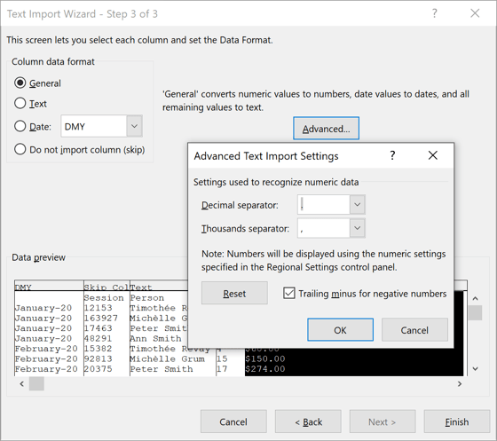 Advanced in Text Import Wizard – Step 3 of 3 dialog box Excel 2016