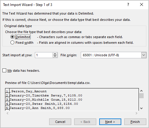 Text Import Wizard – Step 1 of 3 dialog box in Excel 365