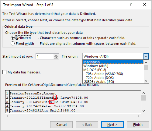 File origin in Text Import Wizard – Step 1 of 3 dialog box Excel 365