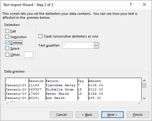 Text Import Wizard – Step 2 of 3 dialog box in Excel 365