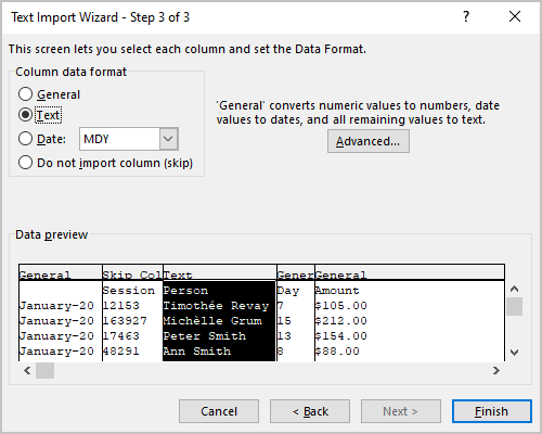 Text Import Wizard – Step 3 of 3 dialog box in Excel 365