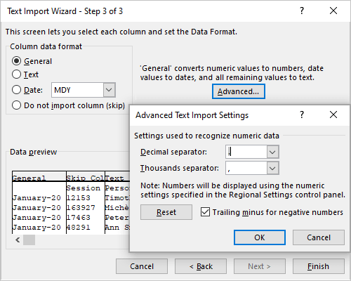 Advanced in Text Import Wizard – Step 3 of 3 dialog box Excel 365