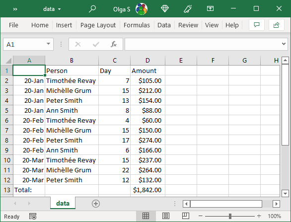 Imported data in Excel 365