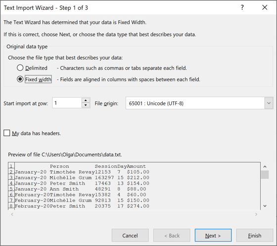 Fixed width in Text Import Wizard – Step 1 of 3 dialog box Excel 2016