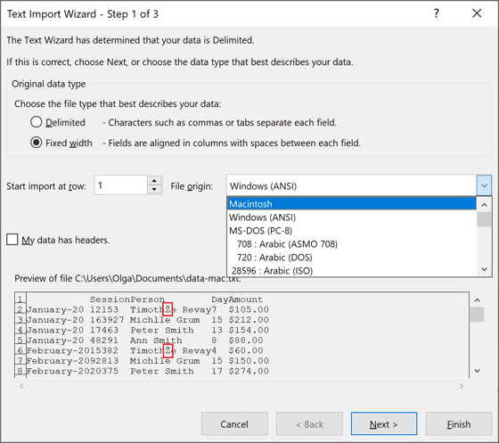 File origin in Text Import Wizard – Step 1 of 3 dialog box Excel 2016