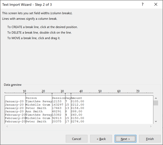 Break lines in Text Import Wizard – Step 2 of 3 dialog box Excel 2016