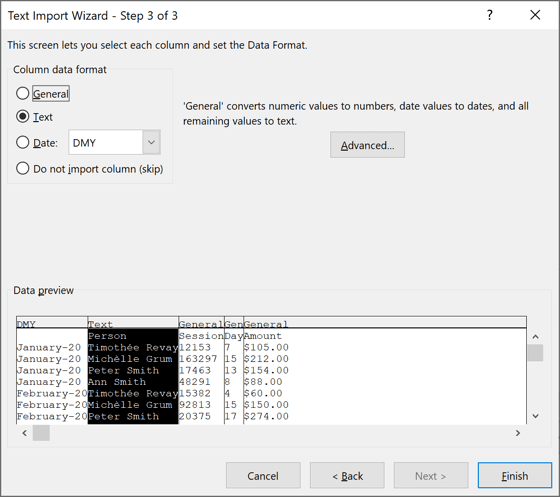 Text Import Wizard – Step 3 of 3 dialog box in Excel 2016