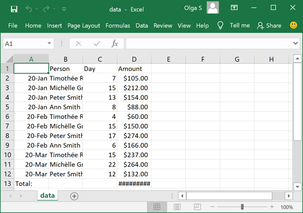 Imported data in Excel 2016