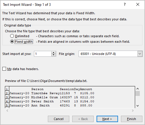 Fixed width in Text Import Wizard – Step 1 of 3 dialog box Excel 365