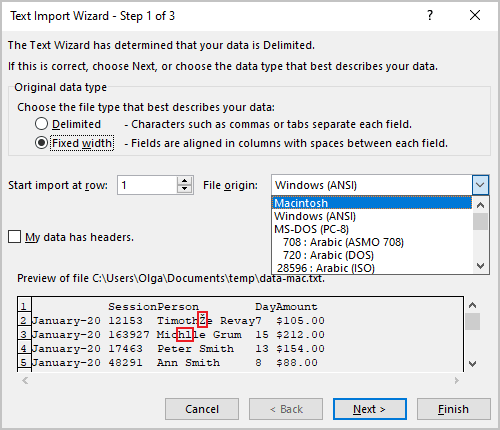 File origin in Text Import Wizard – Step 1 of 3 dialog box Excel 365