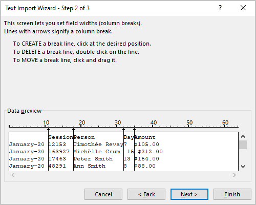 Break lines in Text Import Wizard – Step 2 of 3 dialog box Excel 365