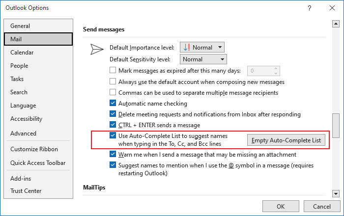 Use Auto-Complete List in Outlook Options 365