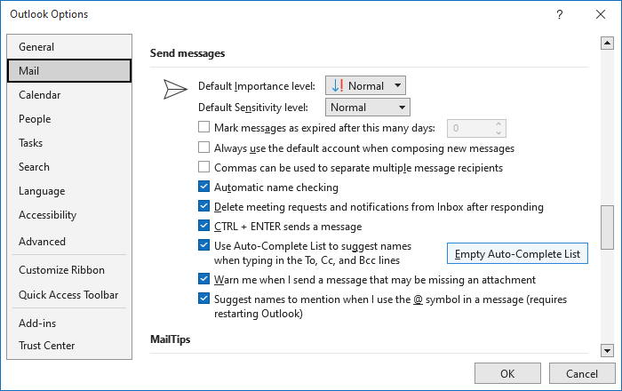 Empty Auto-Complete List button in Options Outlook 365