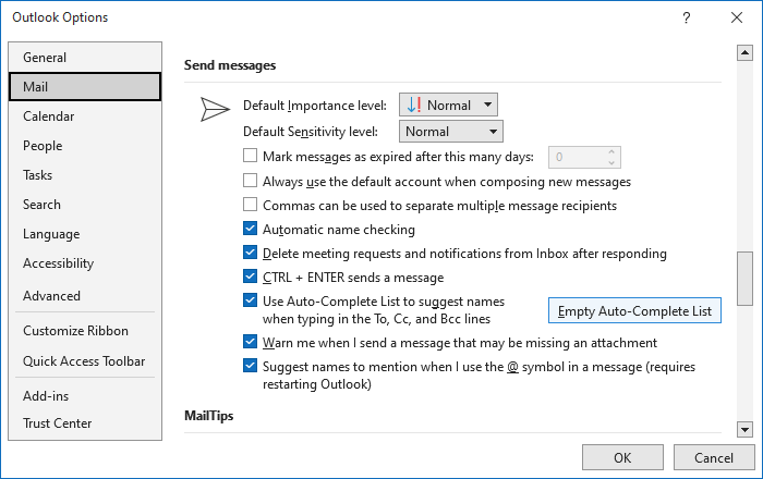 Empty Auto-Complete List in Options Outlook for Microsoft 365 Empty Auto-Complete List button in Options Outlook 365