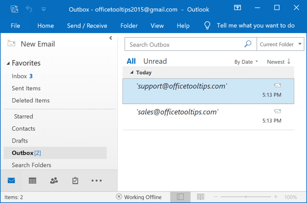 Messages in Outbox Outlook 2016