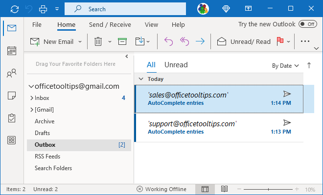 Messages in Outbox folder Outlook 365
