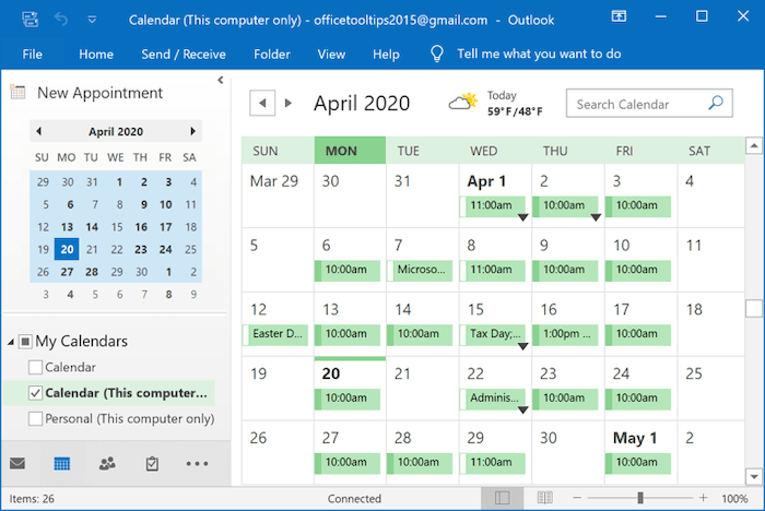 Calendar in Outlook 2016