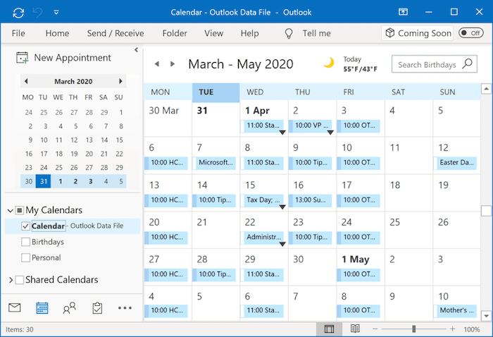 Calendar in Outlook 365