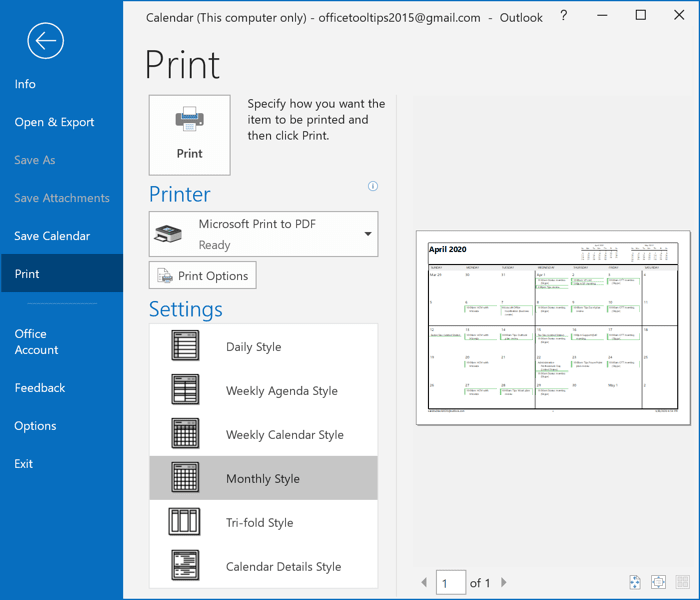 Print in Outlook 2016